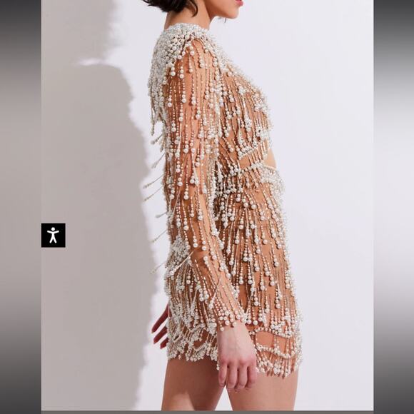 NWOT Patbo FULLY BEADED PEARL CUT-OUT Long Sleeve illusion COCKTAIL DRESS sz 2 - Picture 3 of 9